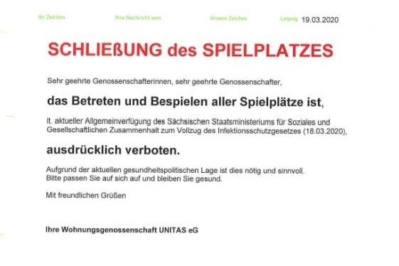 Aushang Schließung Spielplätze in Leipzig und Delitzsch
