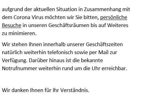 Aushang, dass Besuche in Geschäftsräumen minimiert werden sollen